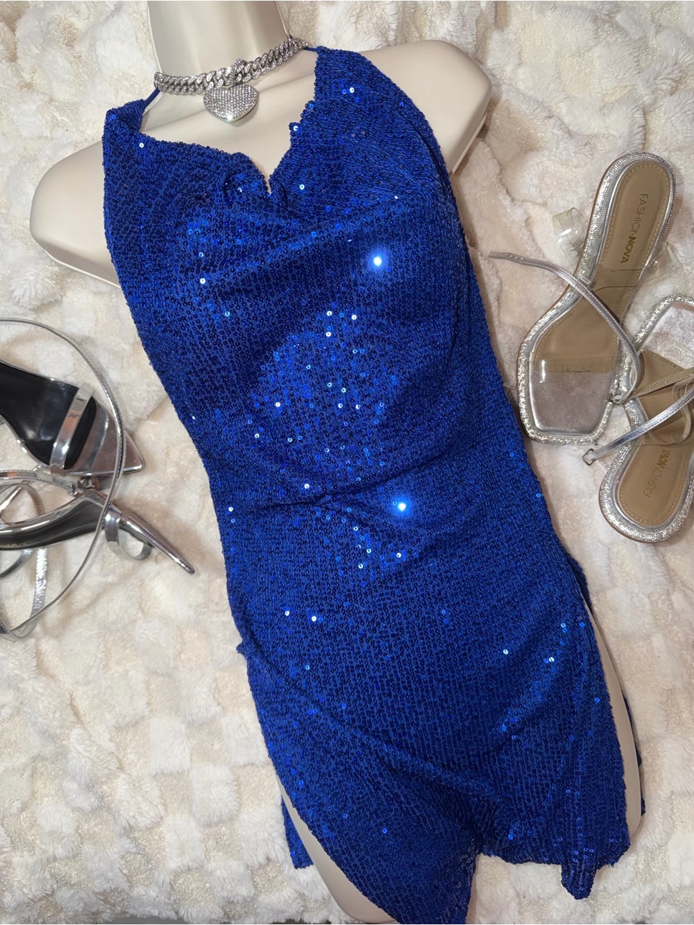 Fashion Nova Royal Blue Sequin Halter Mini Dress